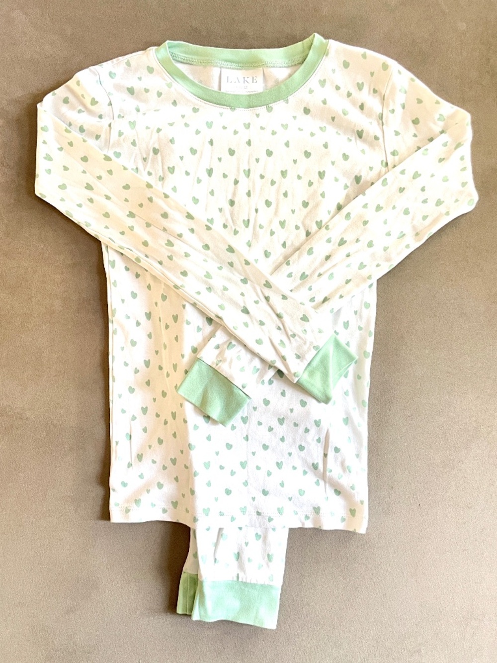 Like New - LAKE Kids Long-Long Set - Mini Hearts in Parisian Green - Size 12